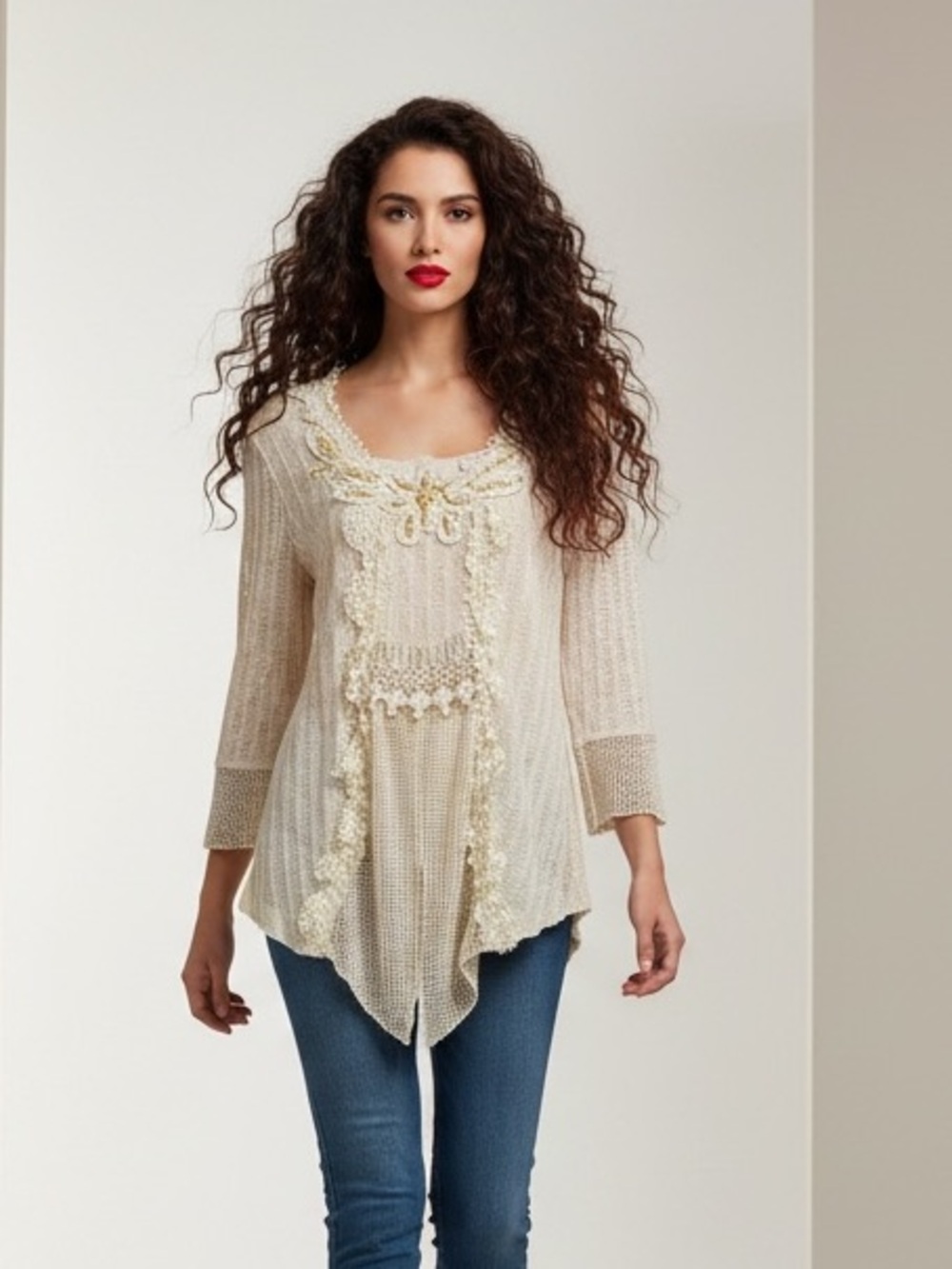 Pretty Angel Boho Lace Ruffle Knit Tunic Blouse Cream Size M